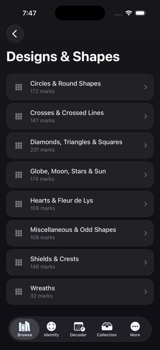 Silver Marks app, browse categories